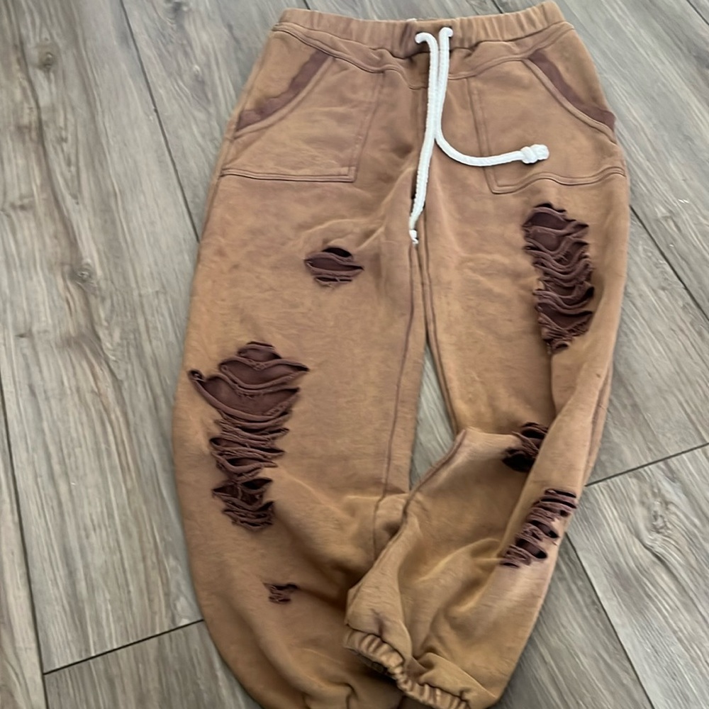Distressed camel colored sweats - small